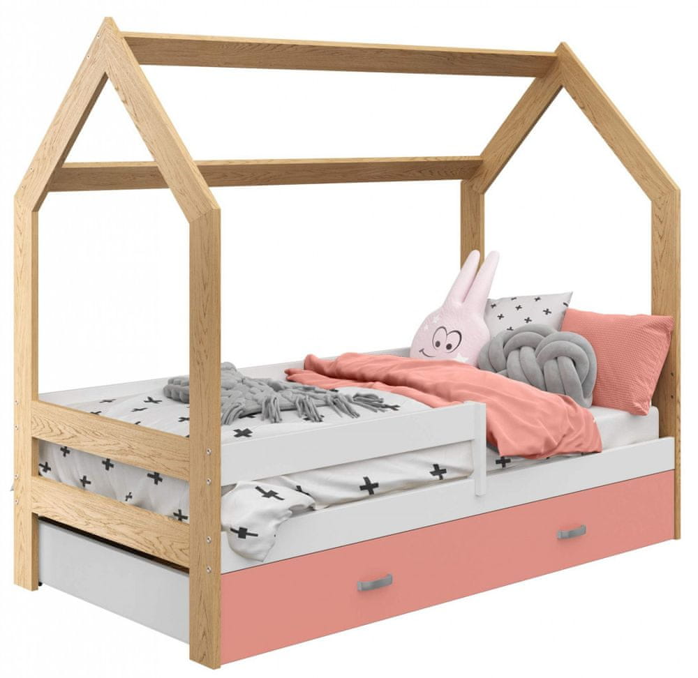 eoshop Detská posteľ Domček 80x160 cm D3, rošt ZADARMO - borovica, zábrana: biela, úlož. jednoducho: ružová, matracu: s matracom
